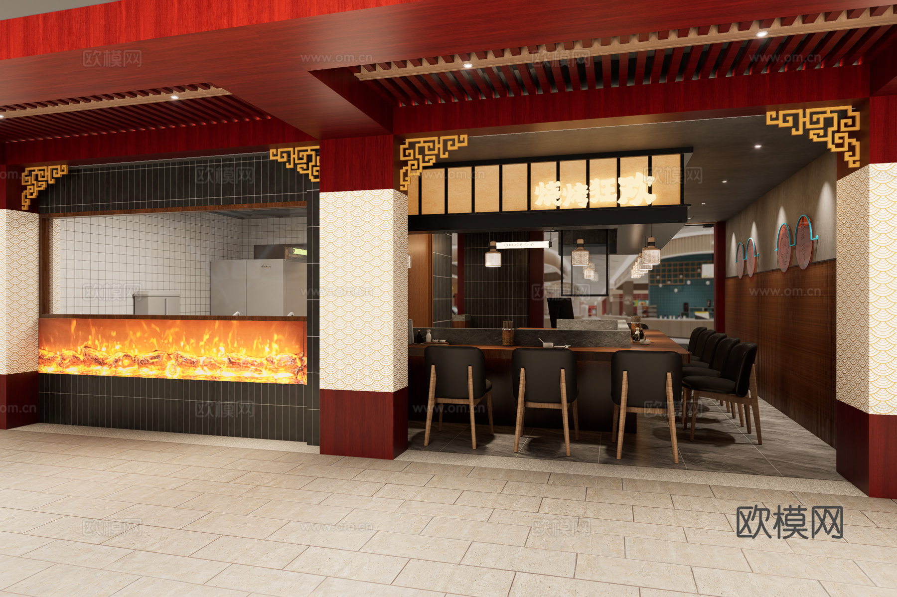 现代商场铁板烧烧烤店铺su模型