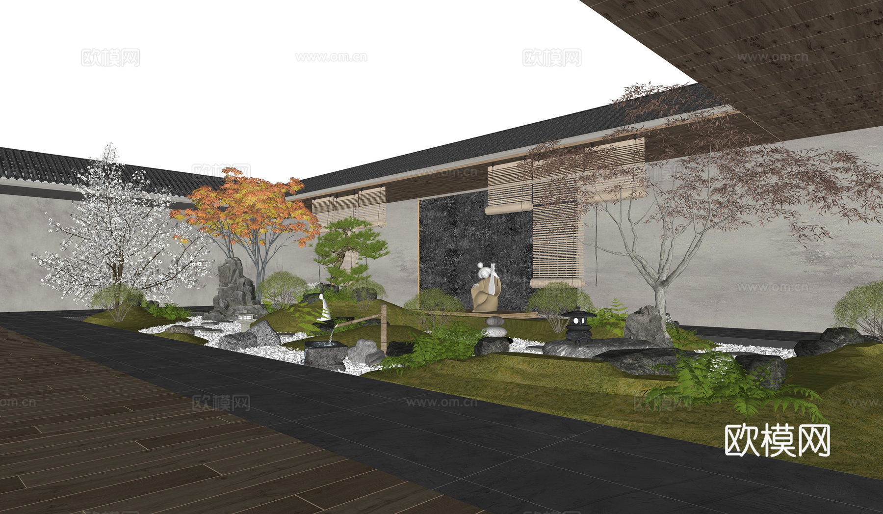 日式中庭枯山水庭院景观 石头假山 禅意庭院小品su模型