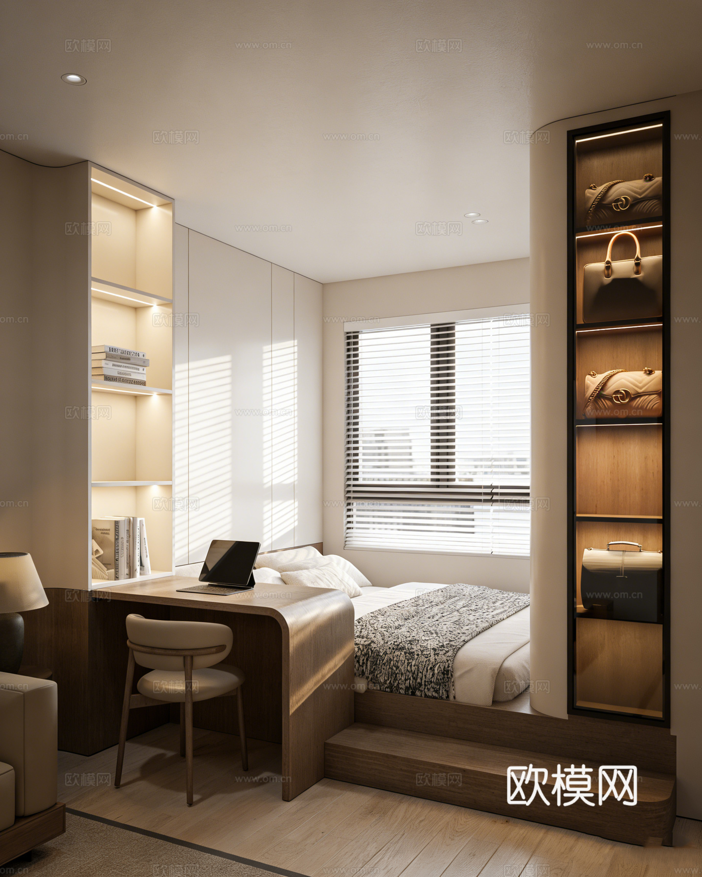 现代简约书房卧室一体 民宿客房 多功能房间 L型书桌 地台床su模型