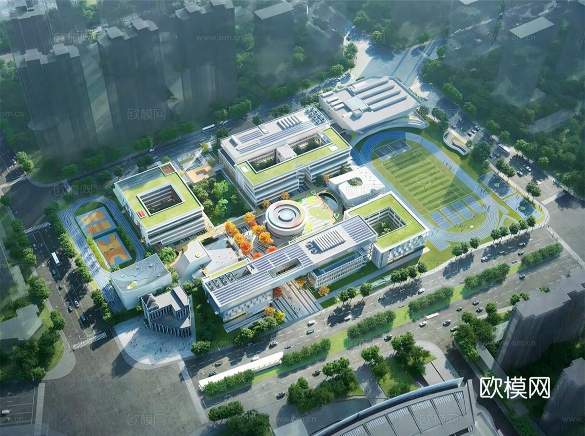 现代学校建筑  中小学建筑 建筑鸟瞰图su模型