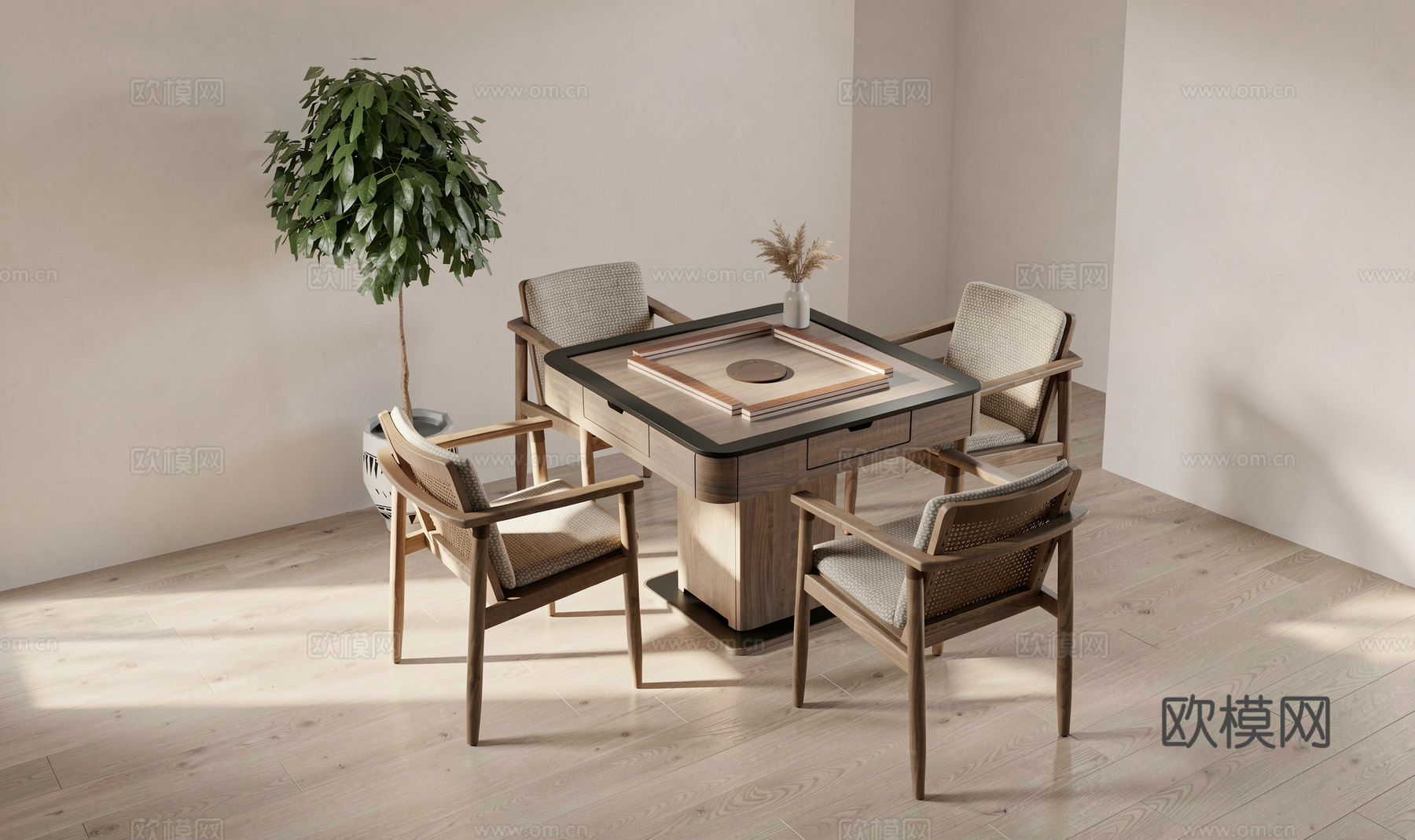 麻将桌_麻将桌椅组合_侘寂麻将桌_单椅_麻将桌su模型
