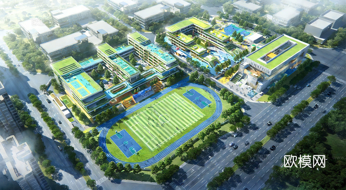 现代学校建筑  中小学建筑 学校鸟瞰图 艺术培训学校  学校su模型