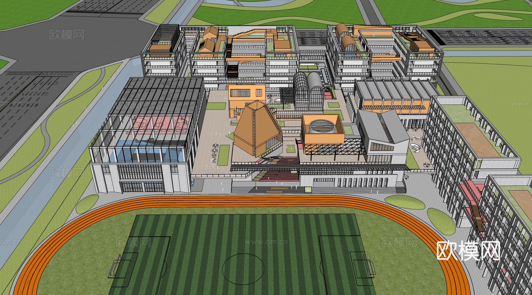 现代学校建筑  中小学建筑 学校鸟瞰图 艺术培训学校su模型