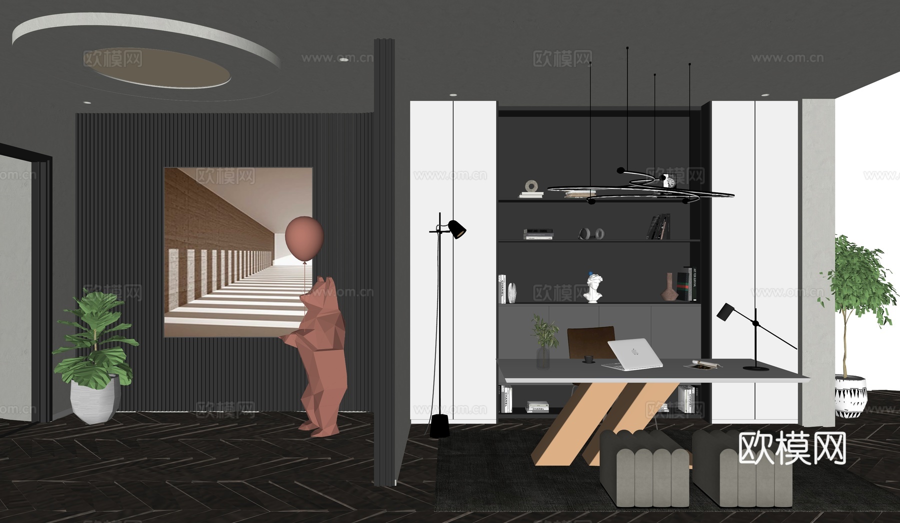 现代书房_办公桌_椅子_书柜_饰品_书籍_吊灯su模型