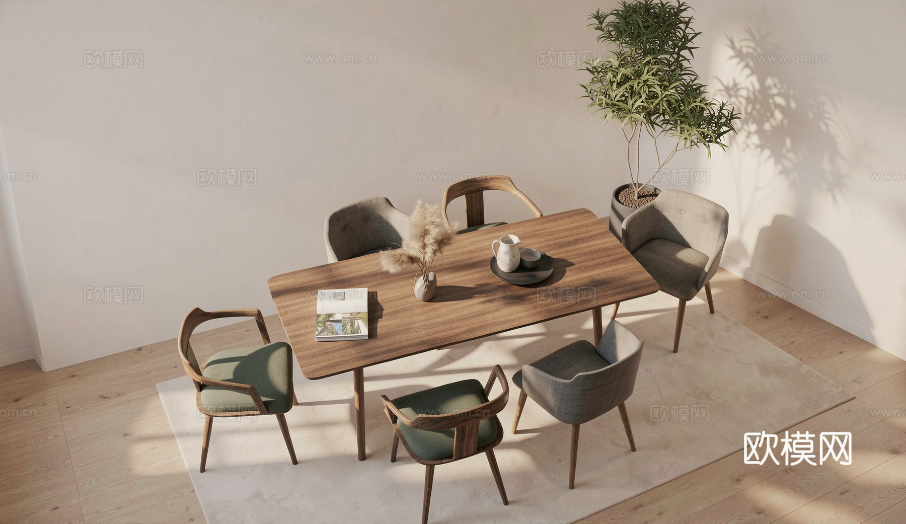 现代餐桌椅组合原木su模型