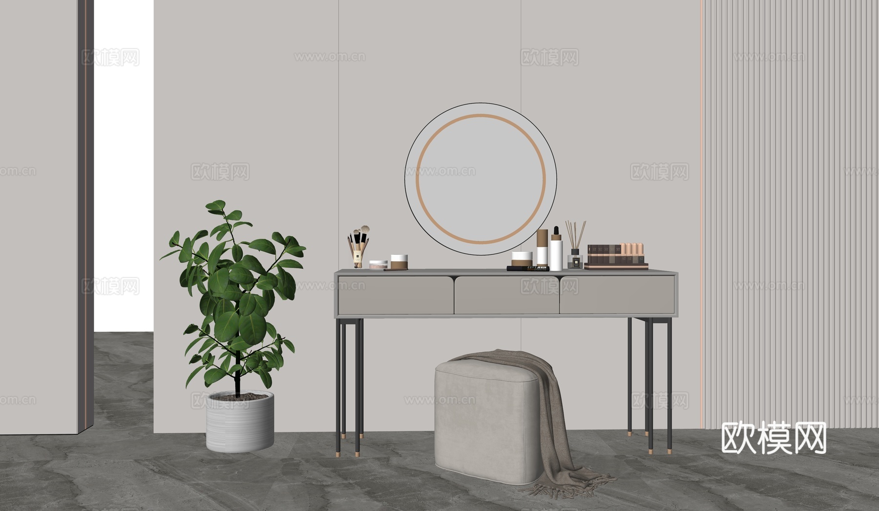 现代梳妆台梳妆镜子化妆品su模型