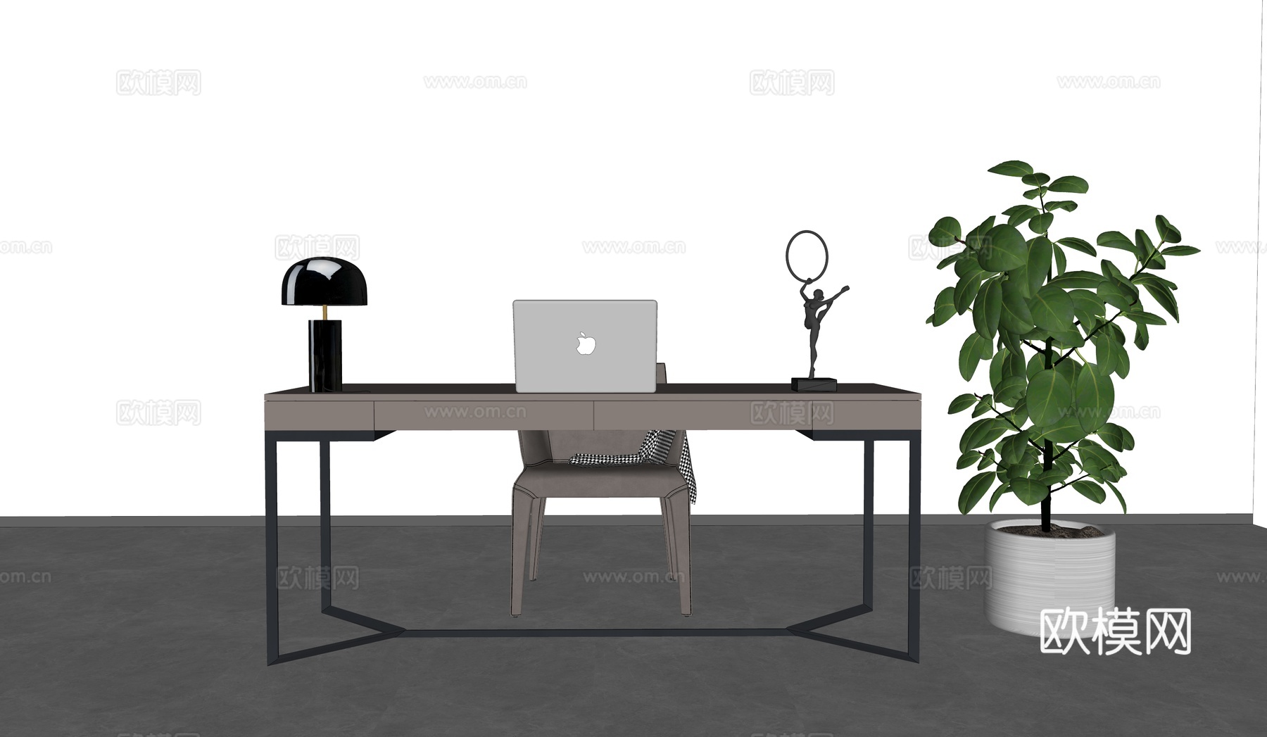 现代轻奢书桌椅组合_书桌_椅_台灯_电脑_摆设su模型