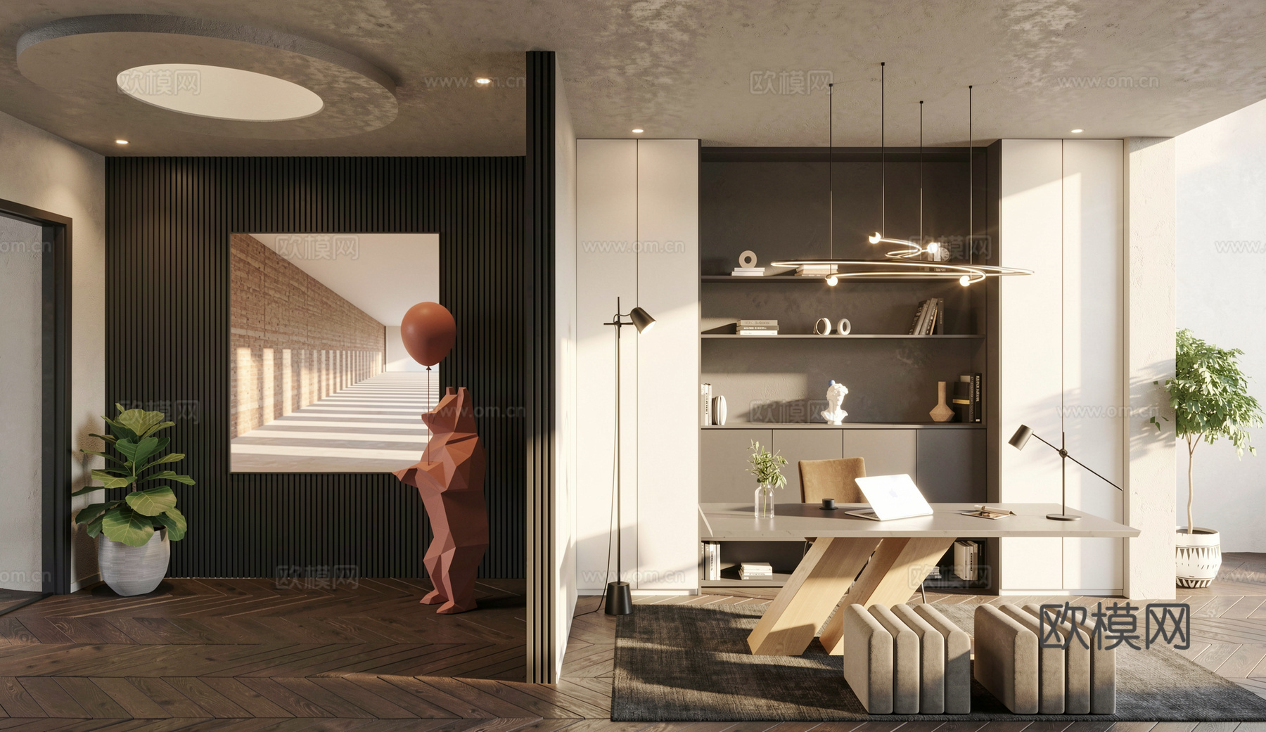 现代书房_办公桌_椅子_书柜_饰品_书籍_吊灯su模型