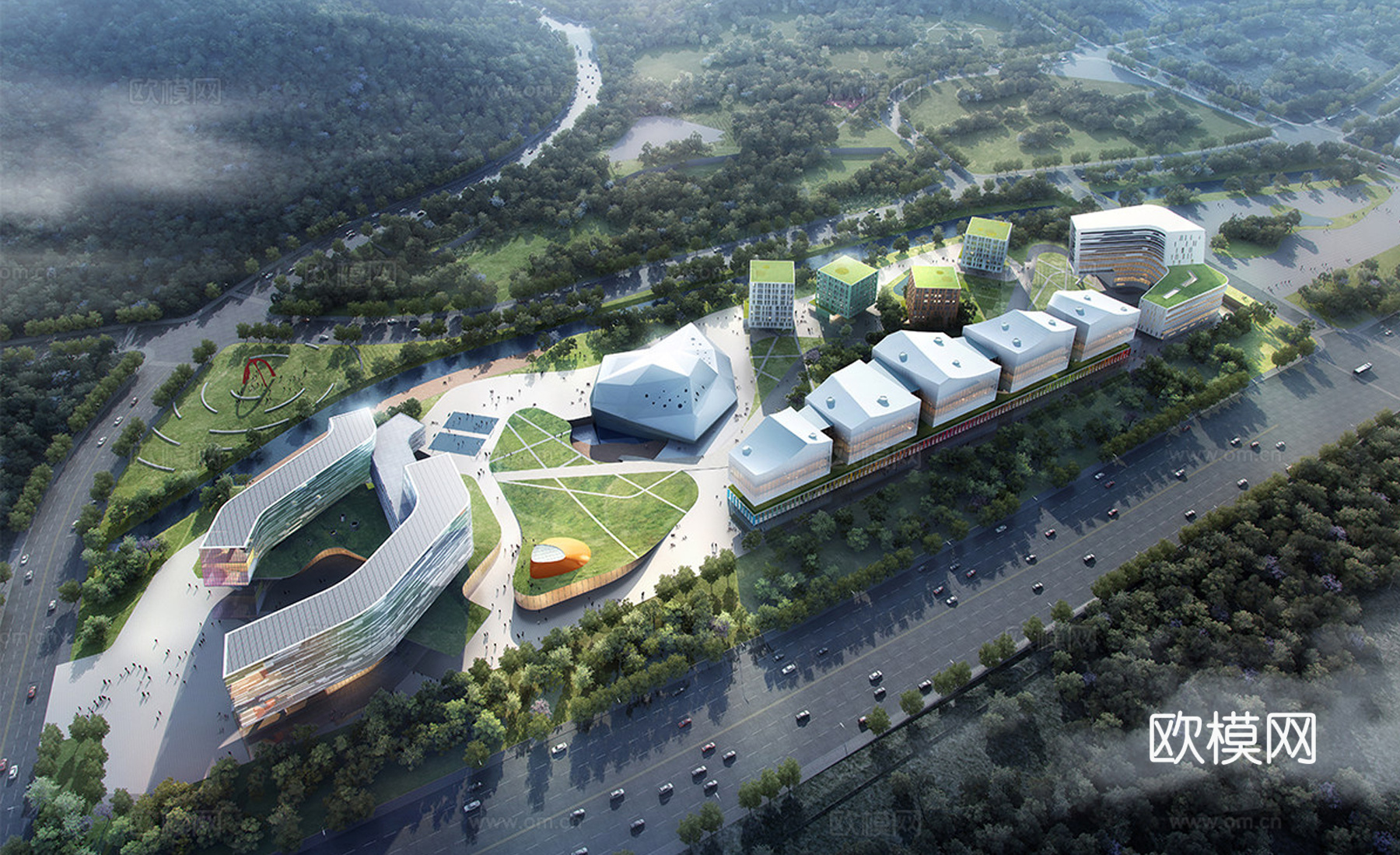 现代学校建筑  中小学建筑 学校鸟瞰图 艺术培训学校 教学楼su模型