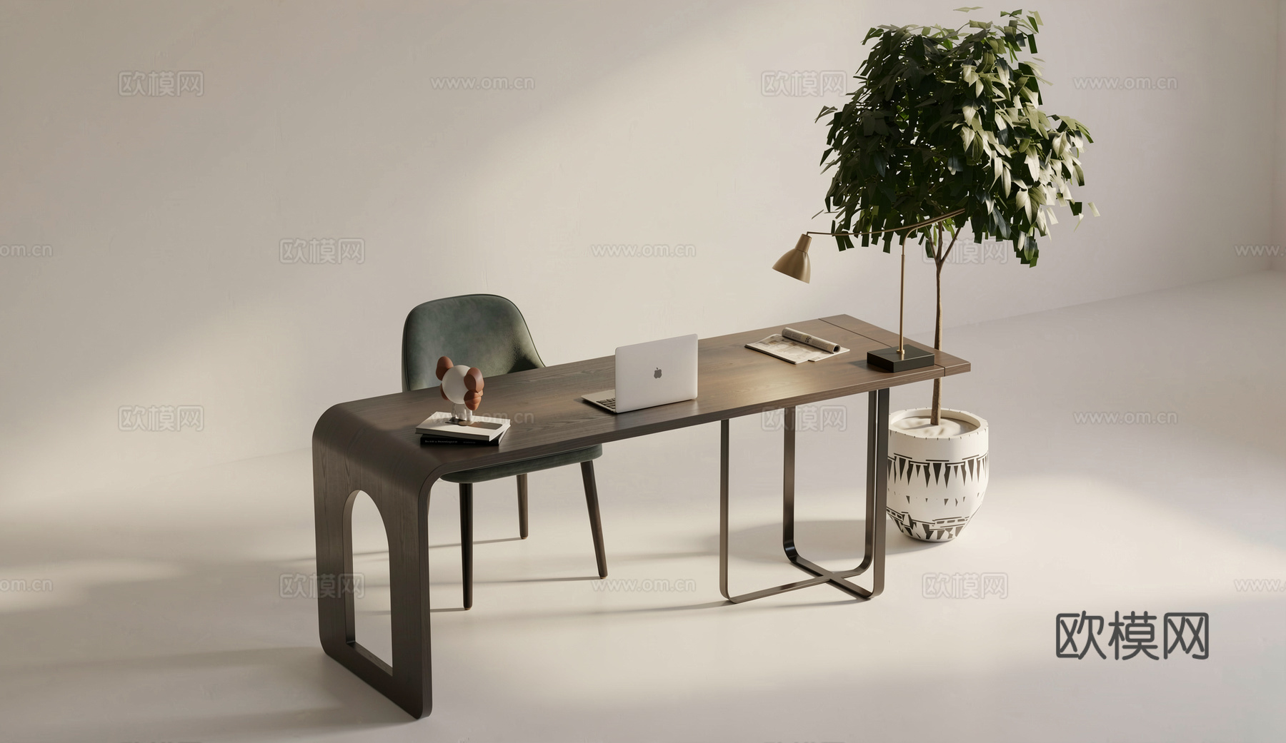 现代轻奢书桌椅组合_书桌_椅_台灯_电脑_摆设su模型