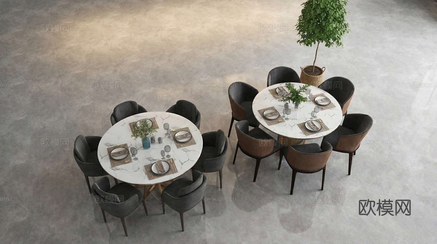 现代圆形餐桌椅餐具酒杯组合su模型