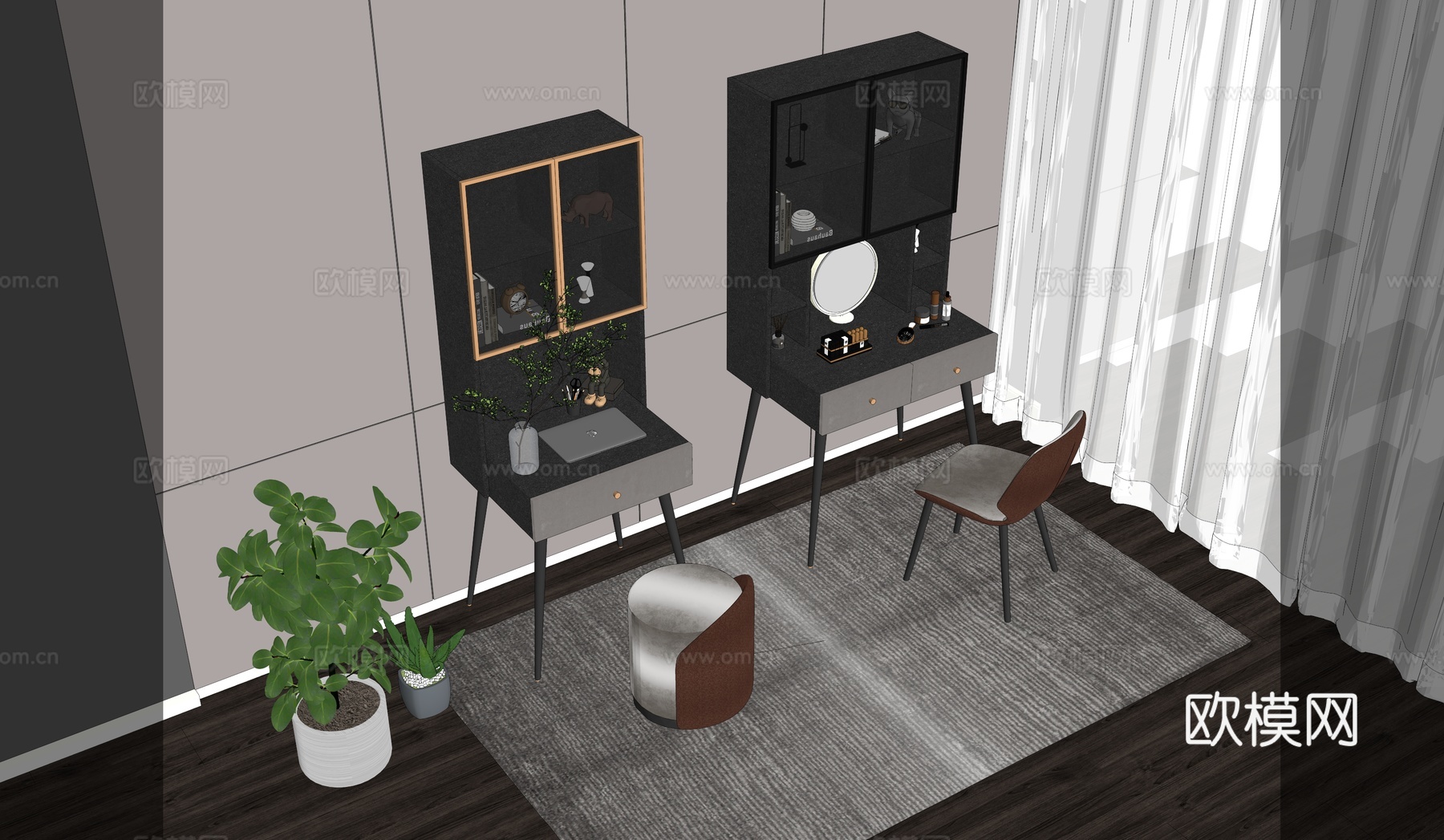 现代书桌椅组合_梳妆台_皮质凳子_椅子_装饰品_摆件su模型