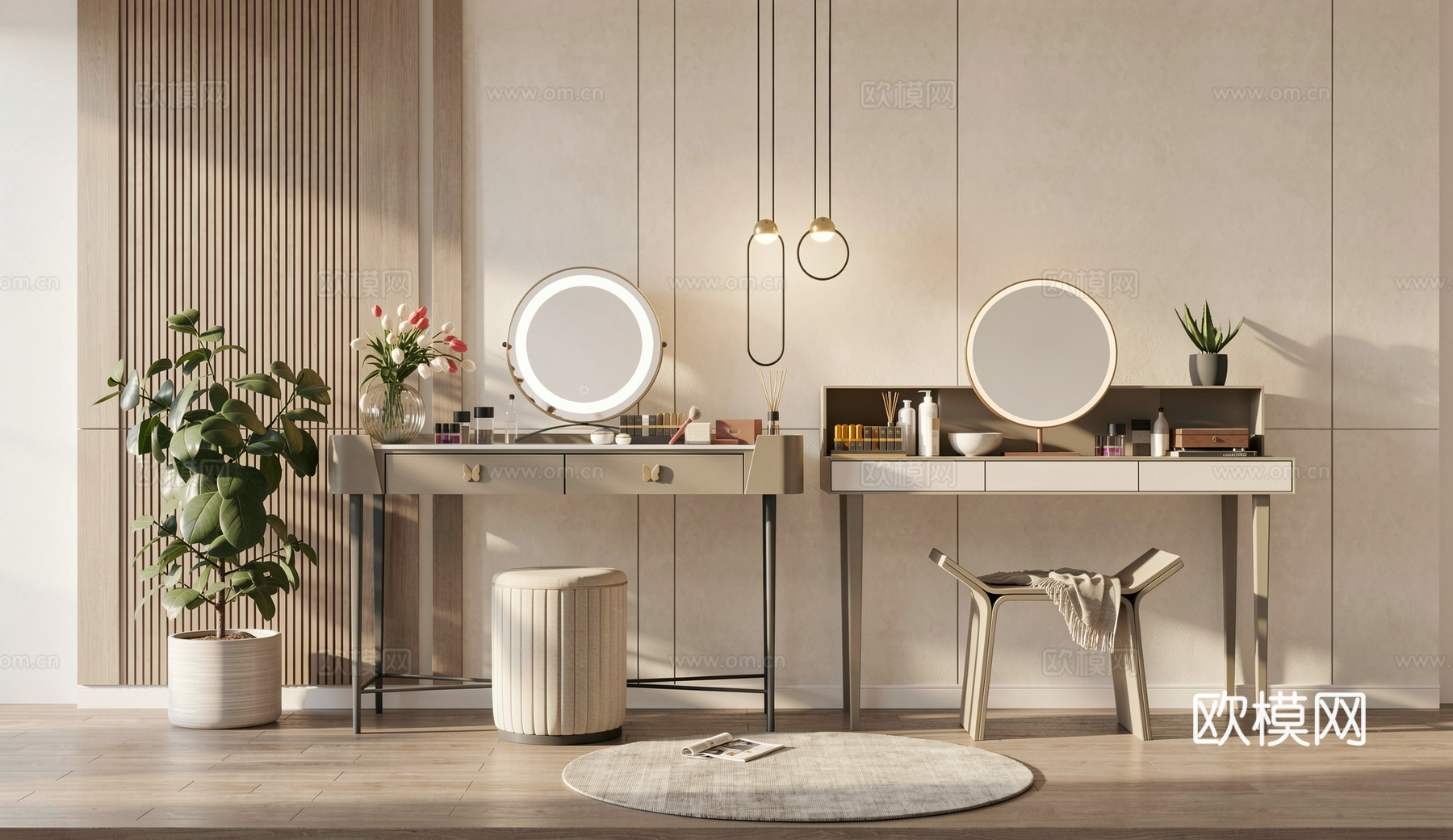 现代梳妆台梳妆镜子化妆品su模型