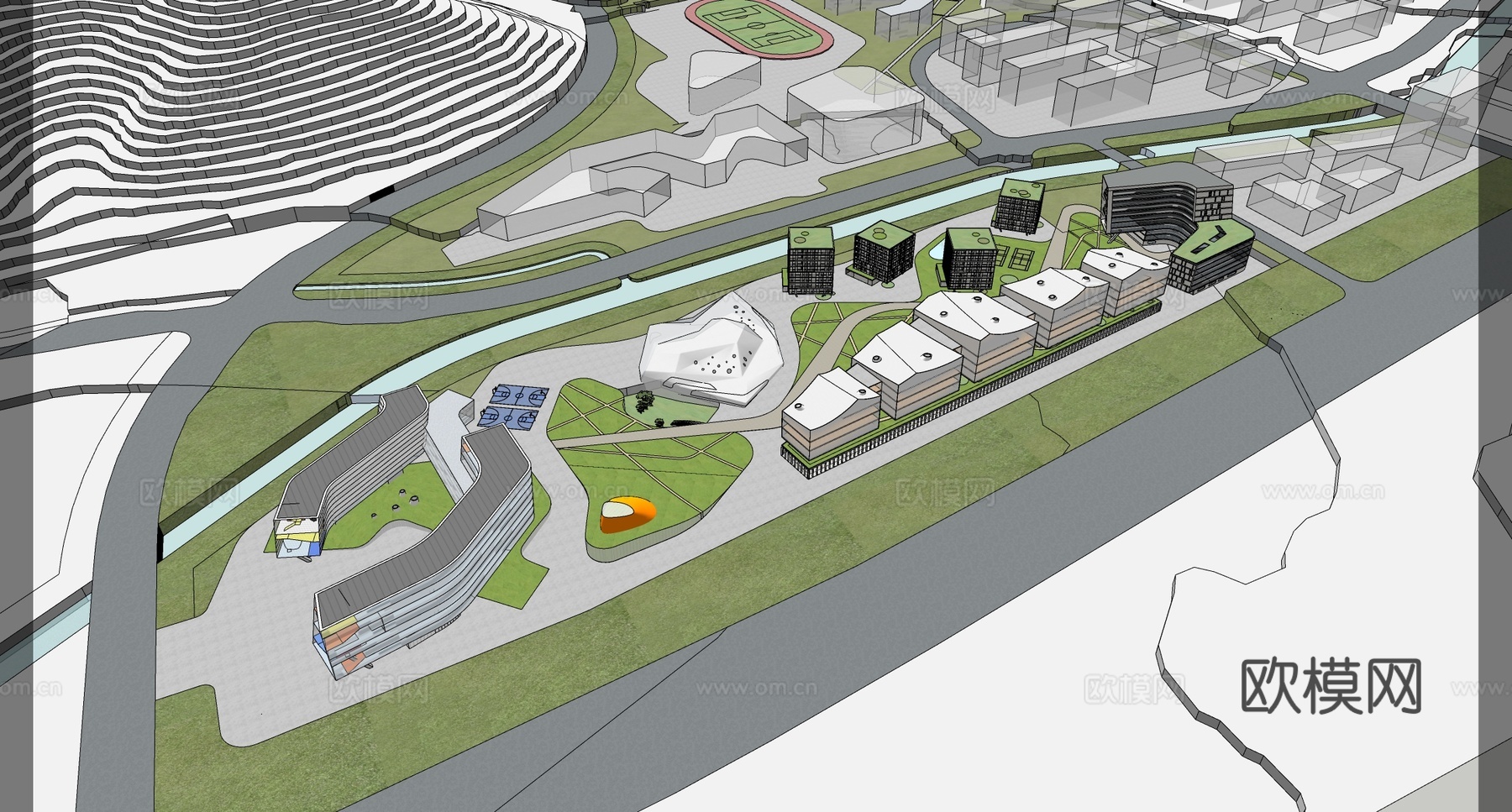 现代学校建筑  中小学建筑 学校鸟瞰图 艺术培训学校 教学楼su模型
