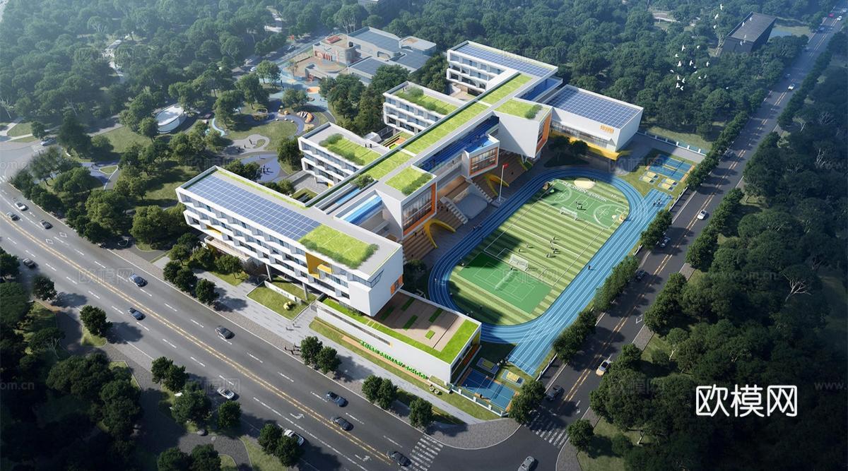 现代学校建筑  中小学建筑 学校鸟瞰图 教学楼建筑 学校操场su模型