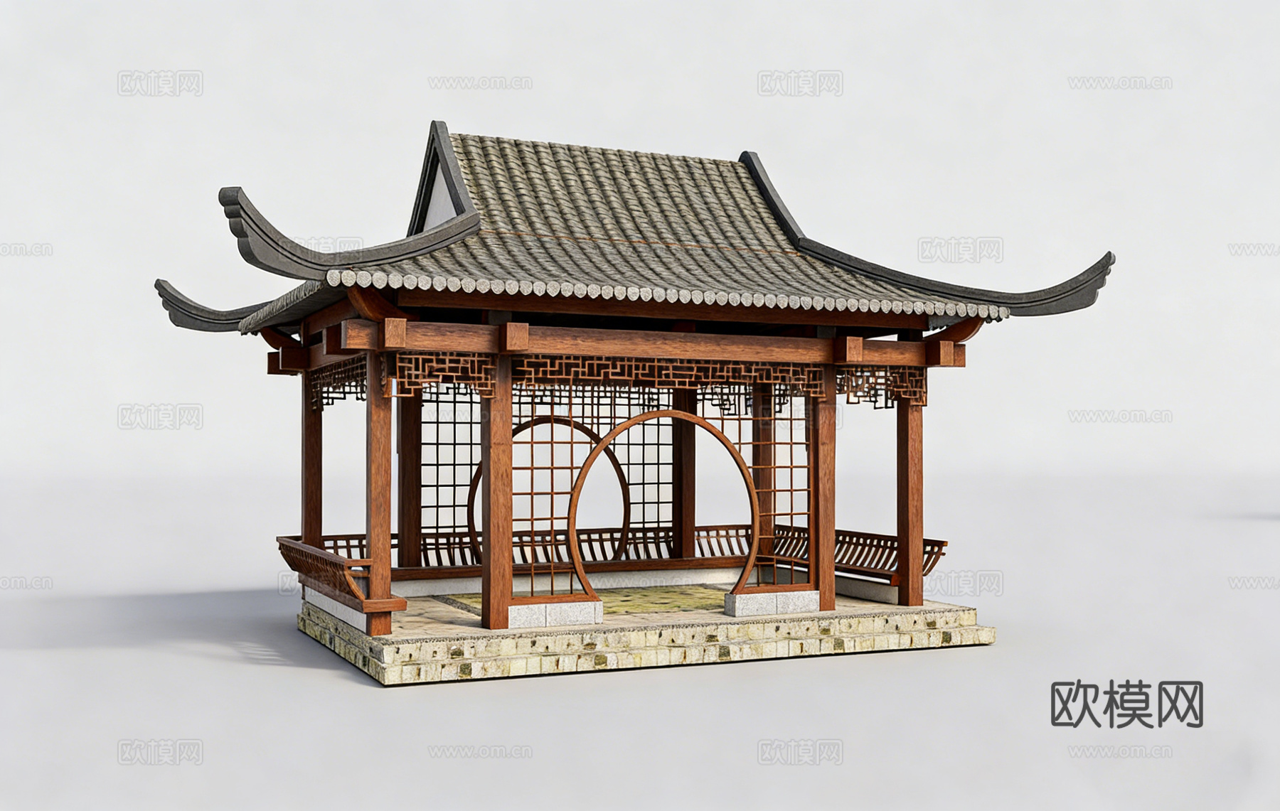 中式凉亭屋顶 四角攒尖顶 飞檐 美人靠 吴王靠 亭子栏杆 镂su模型