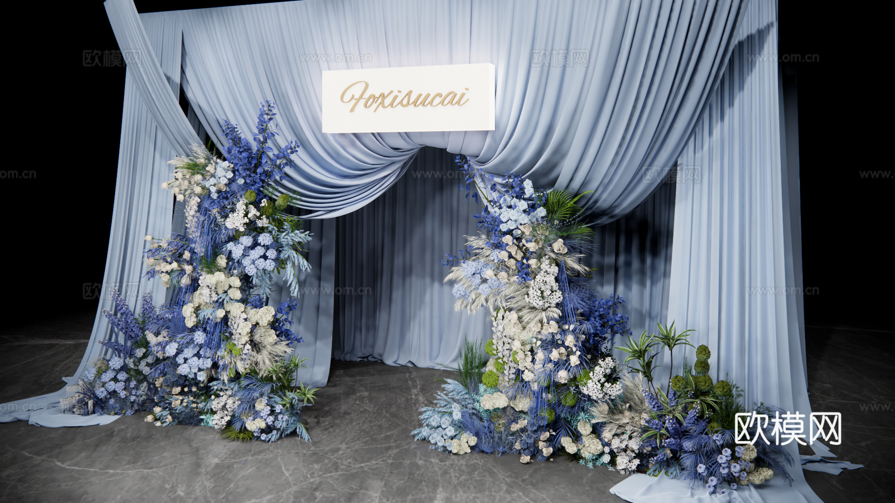 蓝色布幔通道门头婚礼花艺美陈su模型
