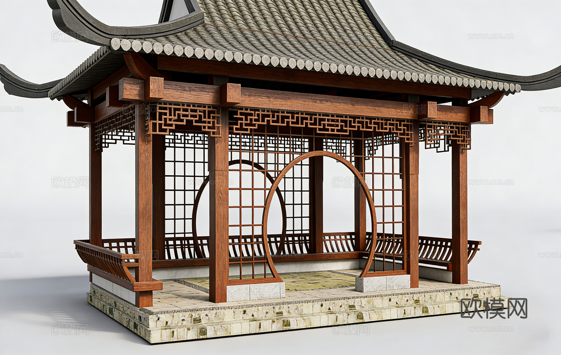 中式凉亭屋顶 四角攒尖顶 飞檐 美人靠 吴王靠 亭子栏杆 镂su模型