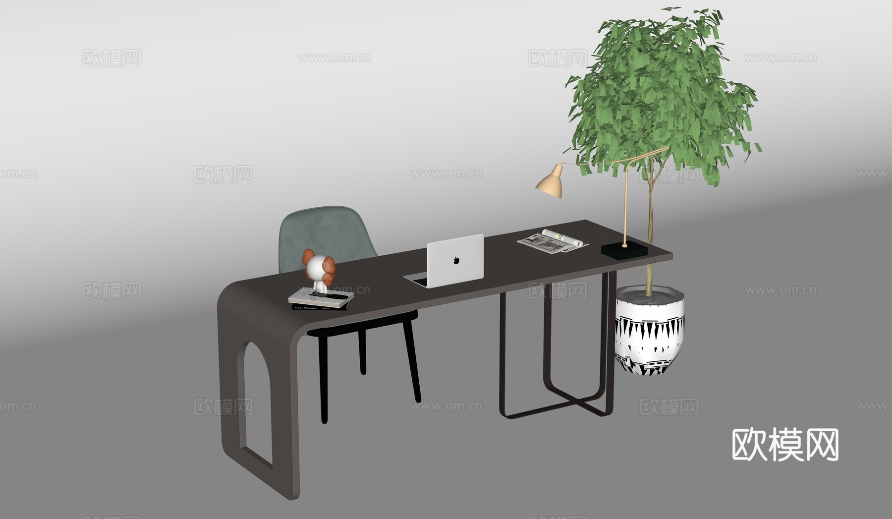 现代轻奢书桌椅组合_书桌_椅_台灯_电脑_摆设su模型