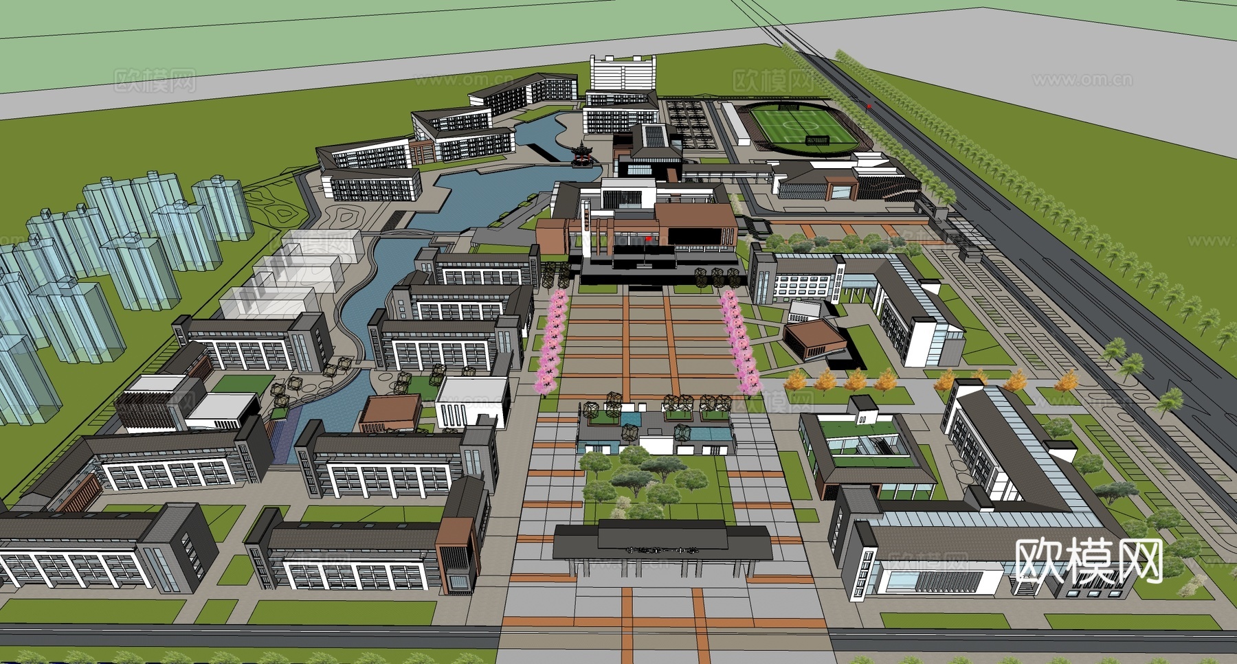 现代学校建筑  中小学建筑 学校鸟瞰图 艺术培训学校 教学楼su模型