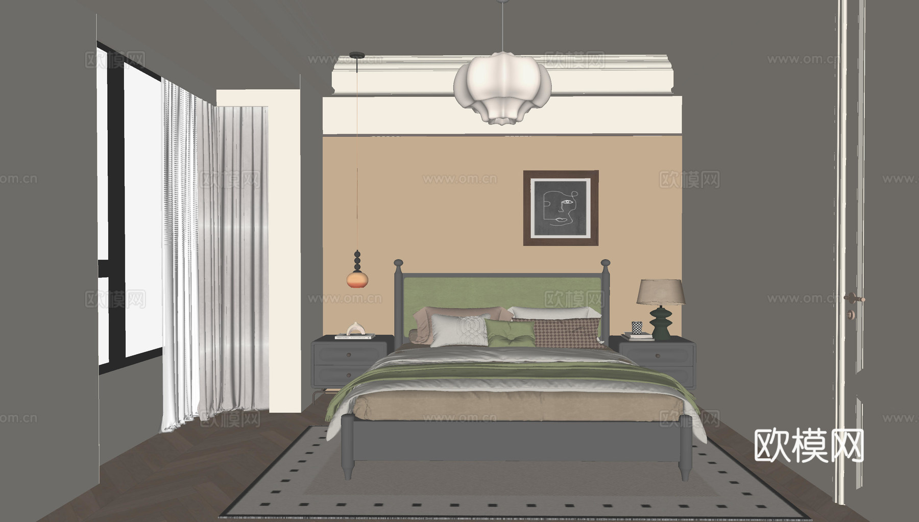 美式中古风卧室su模型