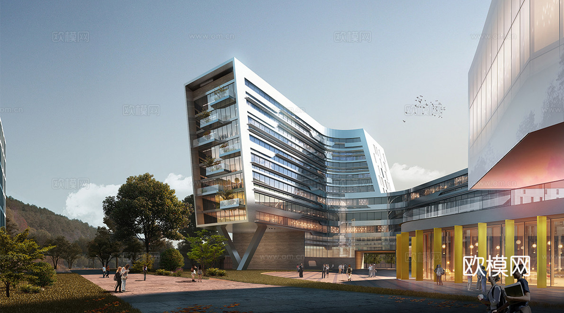 现代学校建筑  中小学建筑 学校鸟瞰图 艺术培训学校 教学楼su模型