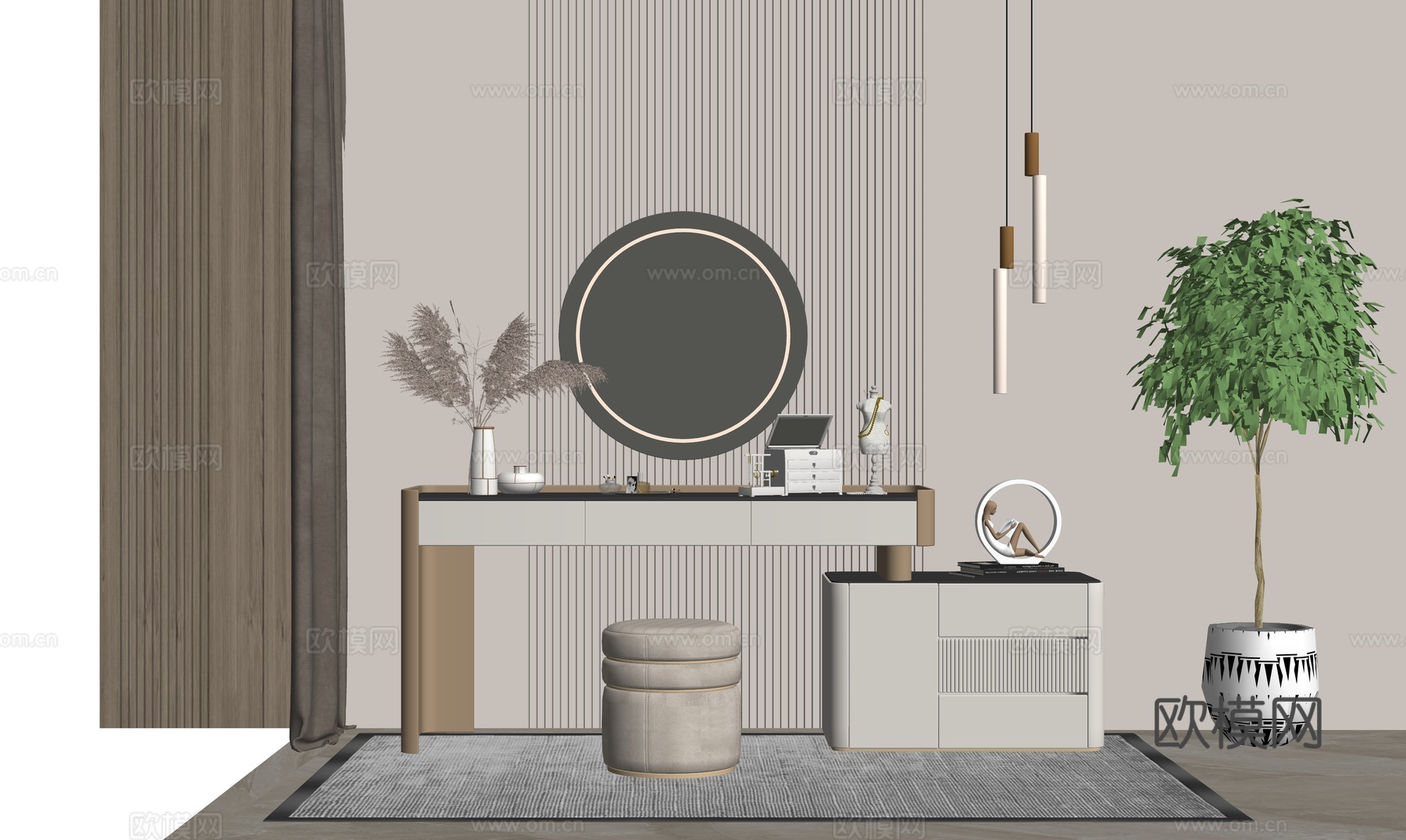 现代梳妆台梳妆镜子化妆品su模型