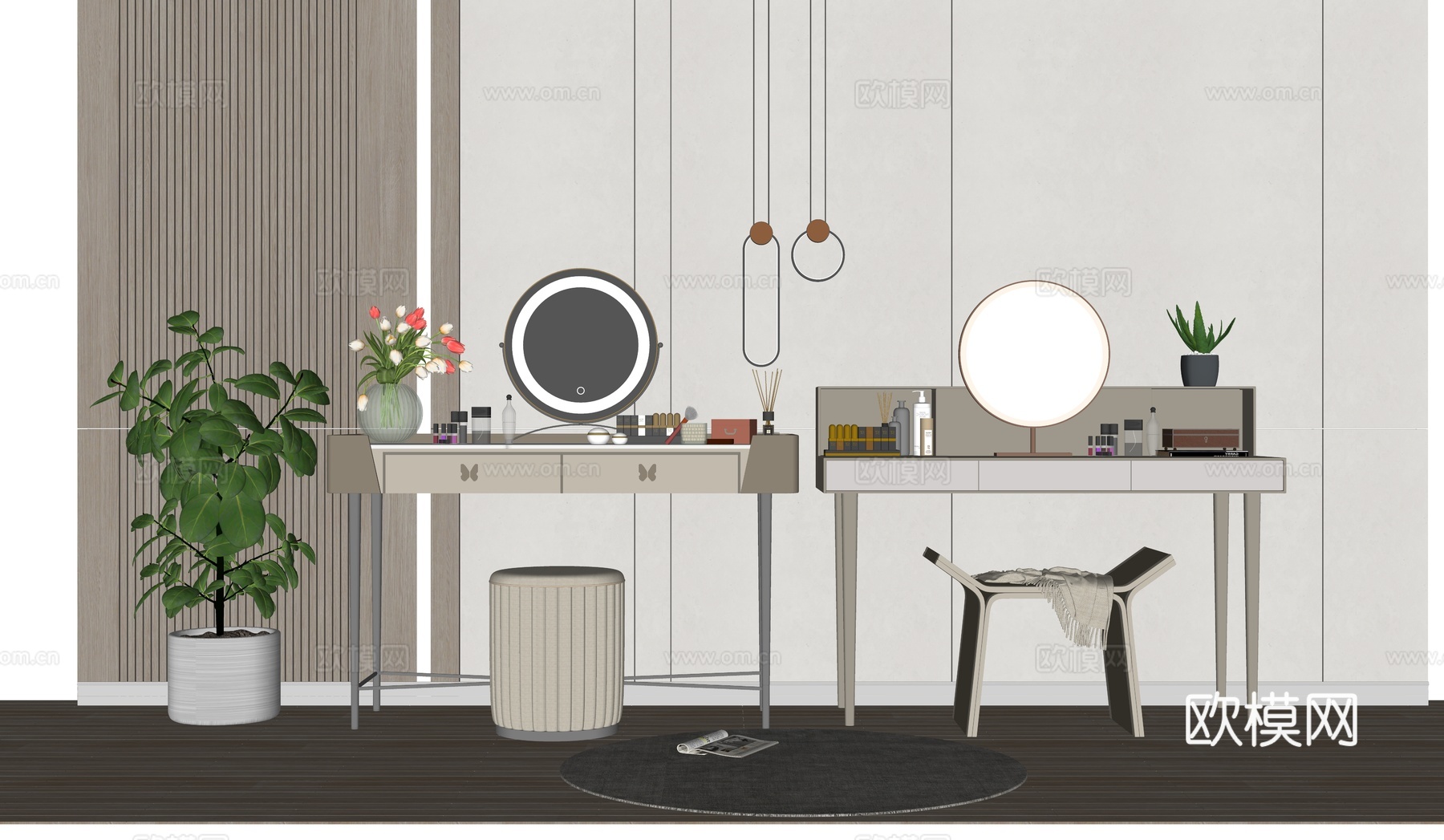 现代梳妆台梳妆镜子化妆品su模型