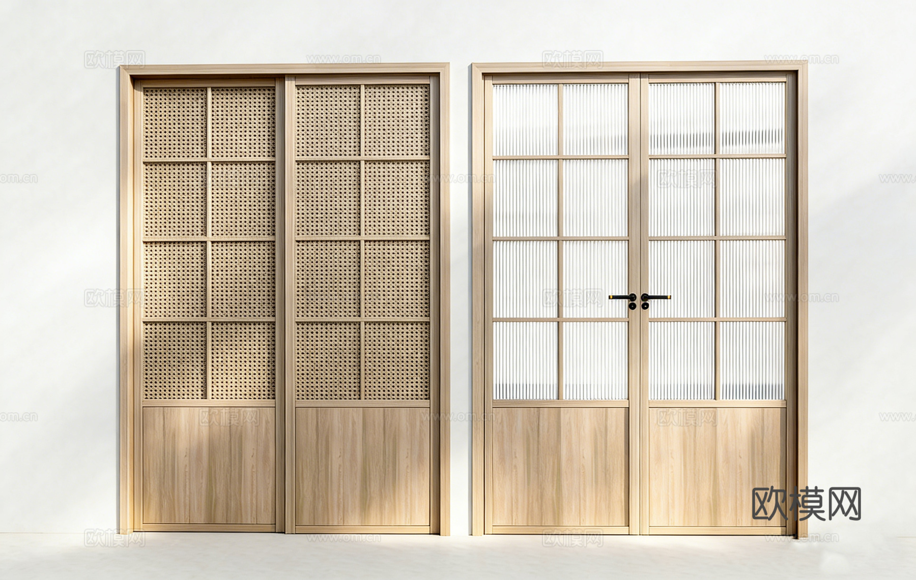 原木风房间门 平开门 推拉门 长虹玻璃门 藤编门 网格门su模型