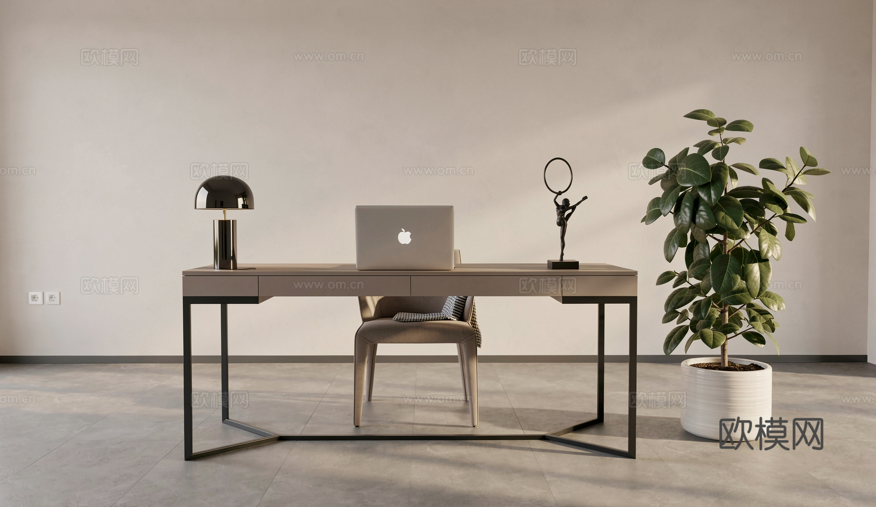 现代轻奢书桌椅组合_书桌_椅_台灯_电脑_摆设su模型