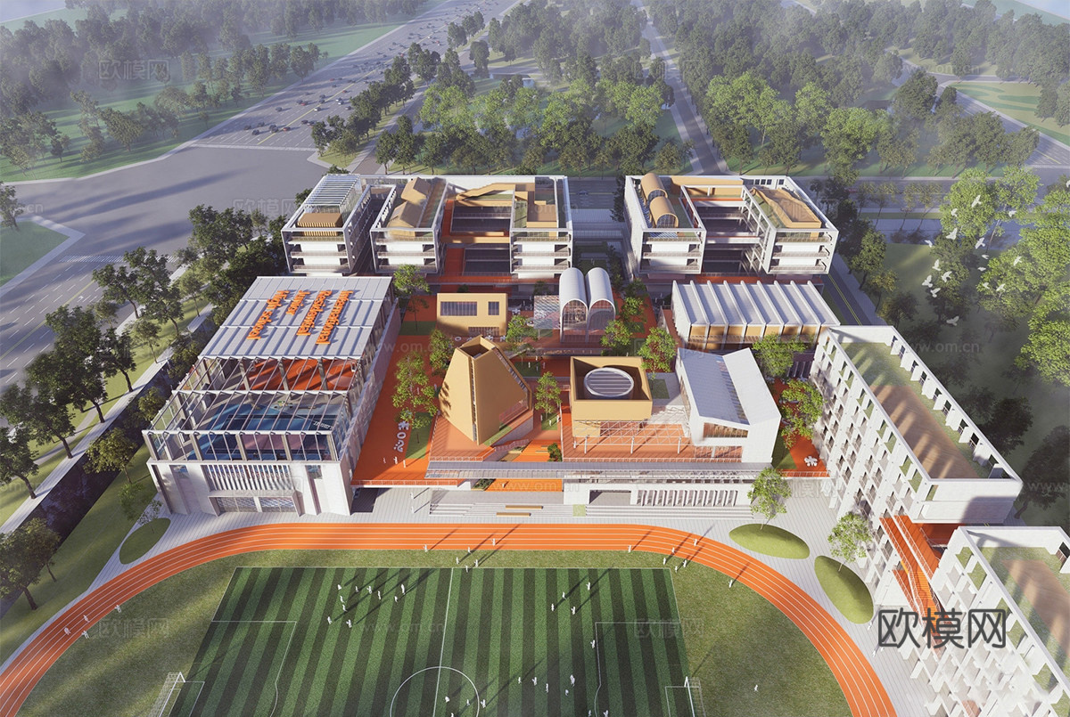 现代学校建筑  中小学建筑 学校鸟瞰图 艺术培训学校su模型