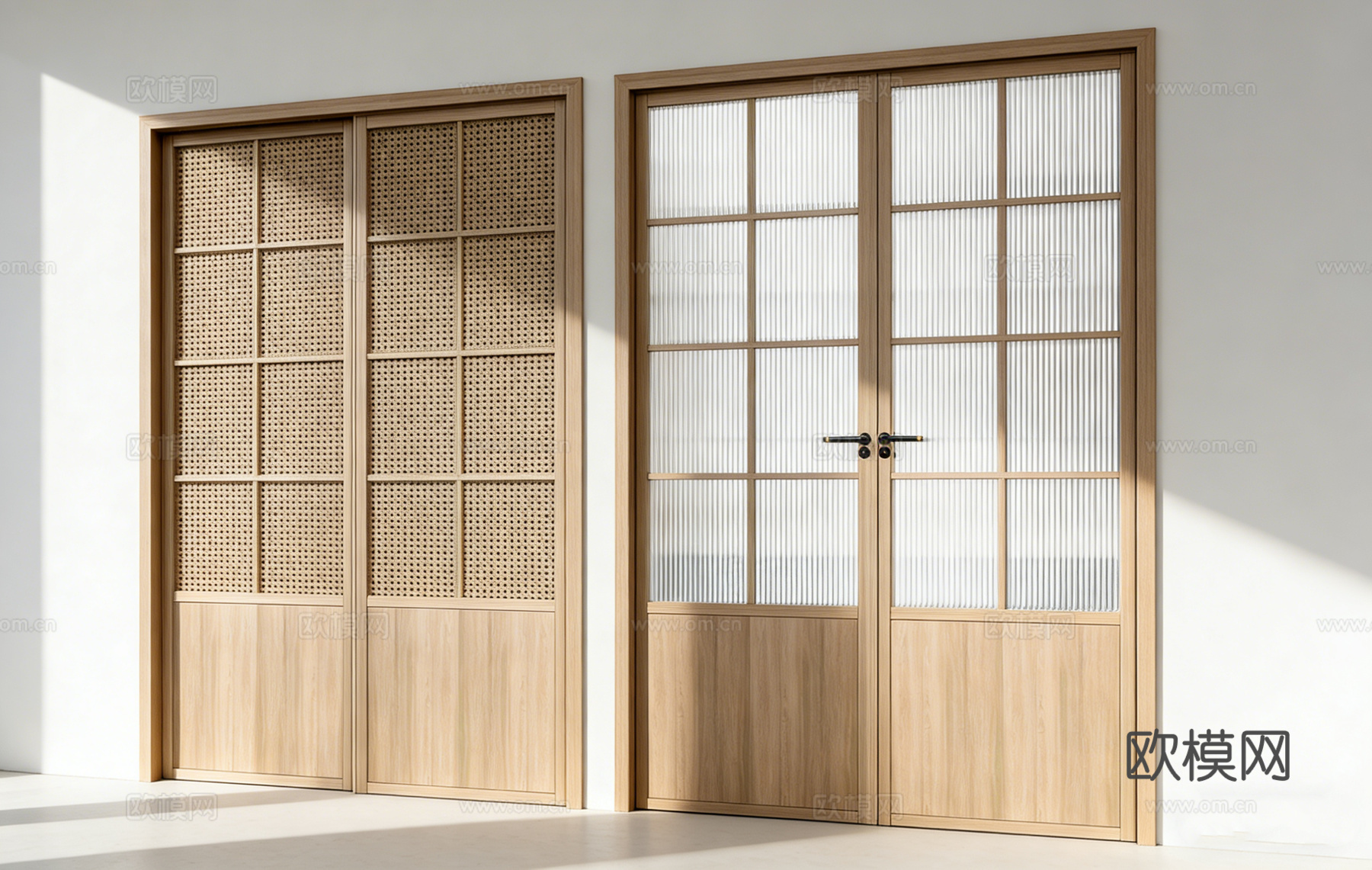 原木风房间门 平开门 推拉门 长虹玻璃门 藤编门 网格门su模型
