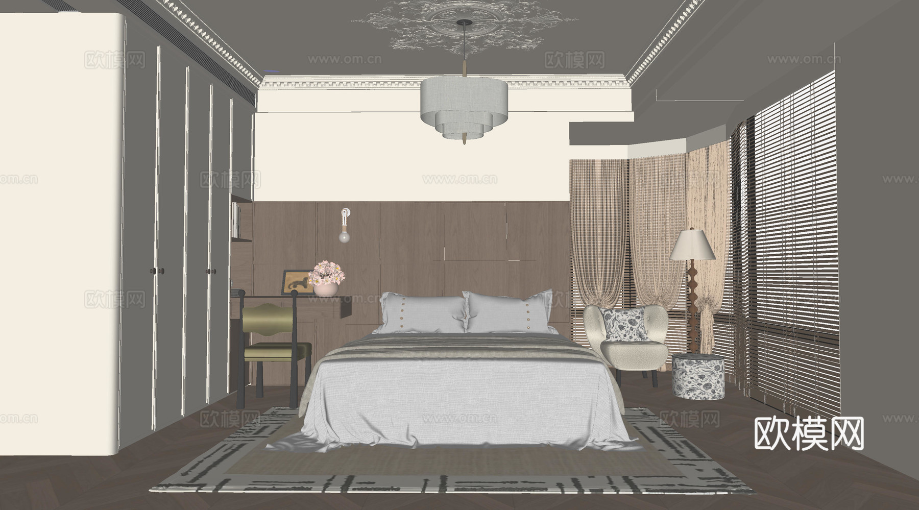 美式中古风卧室su模型