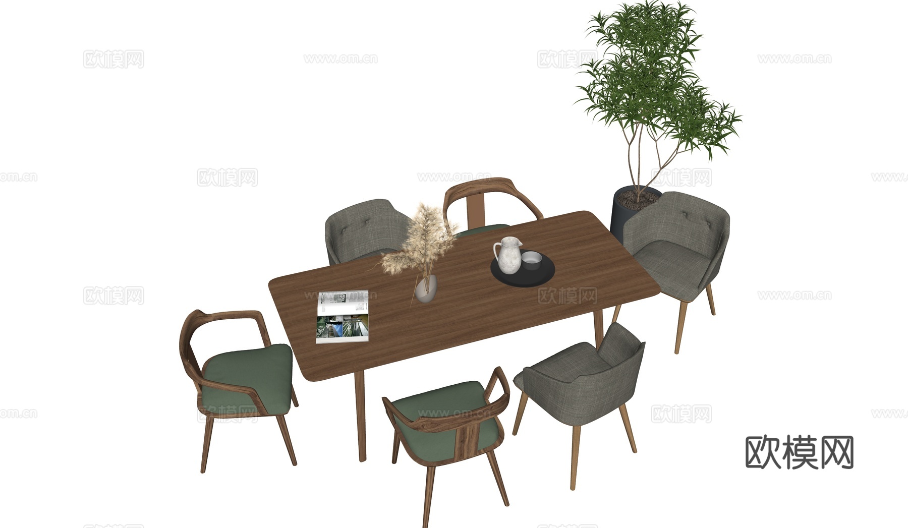 现代餐桌椅组合原木su模型