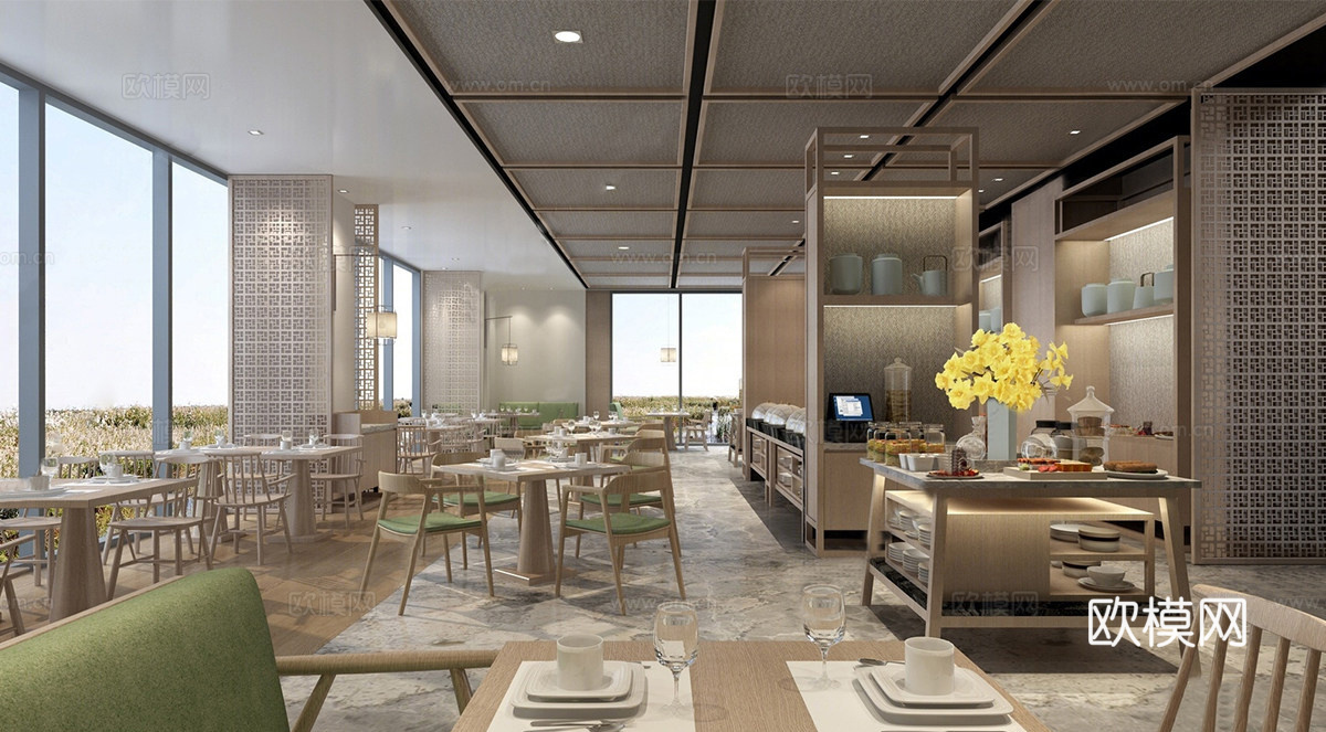 新中式自助餐厅 酒店餐厅su模型