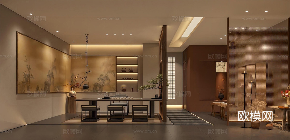 新中式禅意茶楼 现代简约茶室 茶社 茶馆 茶餐厅su模型