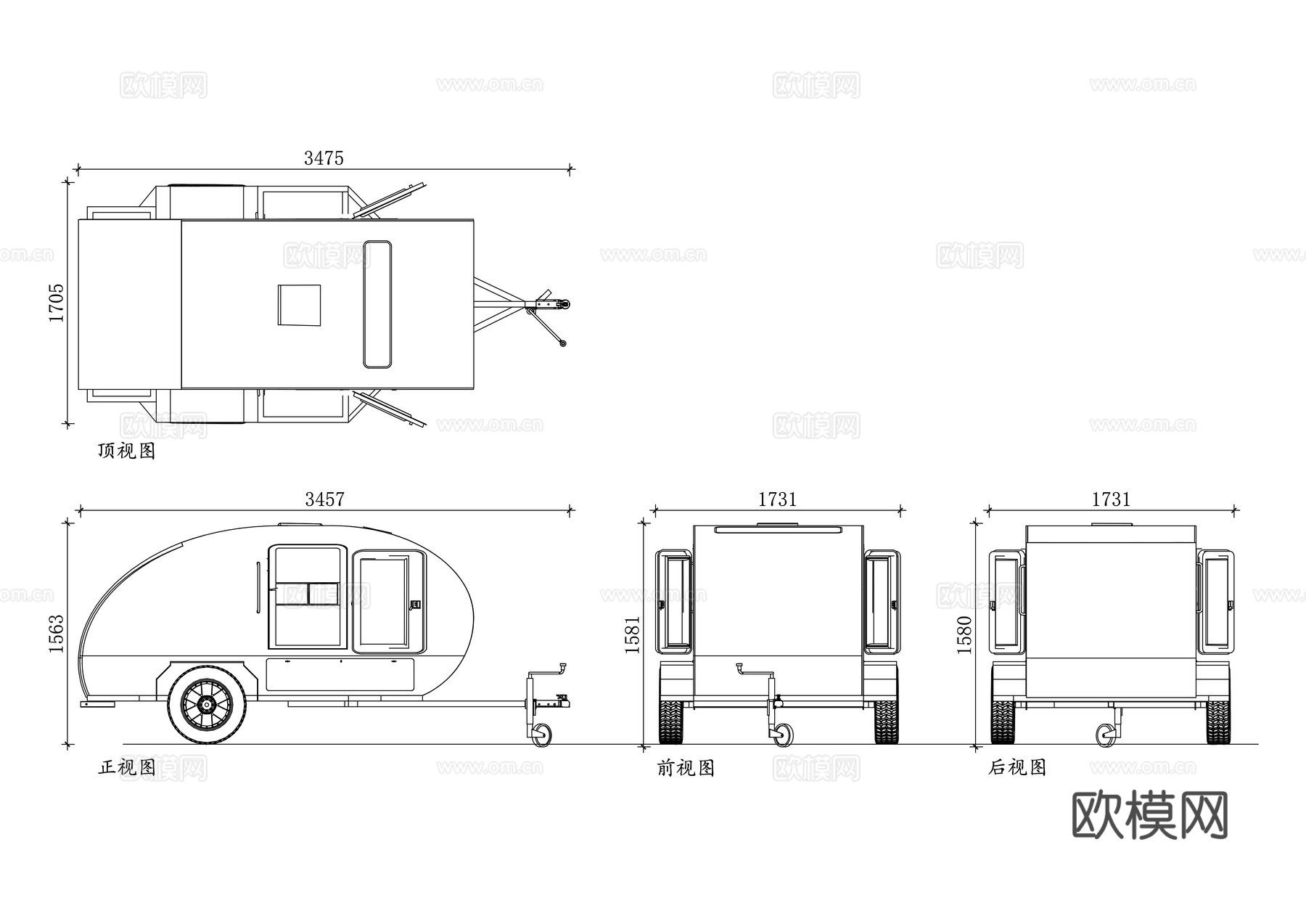 旅居拖挂车 牵引式房车 拖挂旅居车 挂式房车 拖曳式房车cad施工图