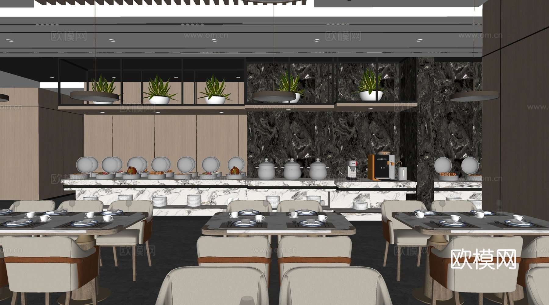 现代自助餐厅  酒店餐厅 员工食堂 公司餐厅食堂 餐桌椅su模型