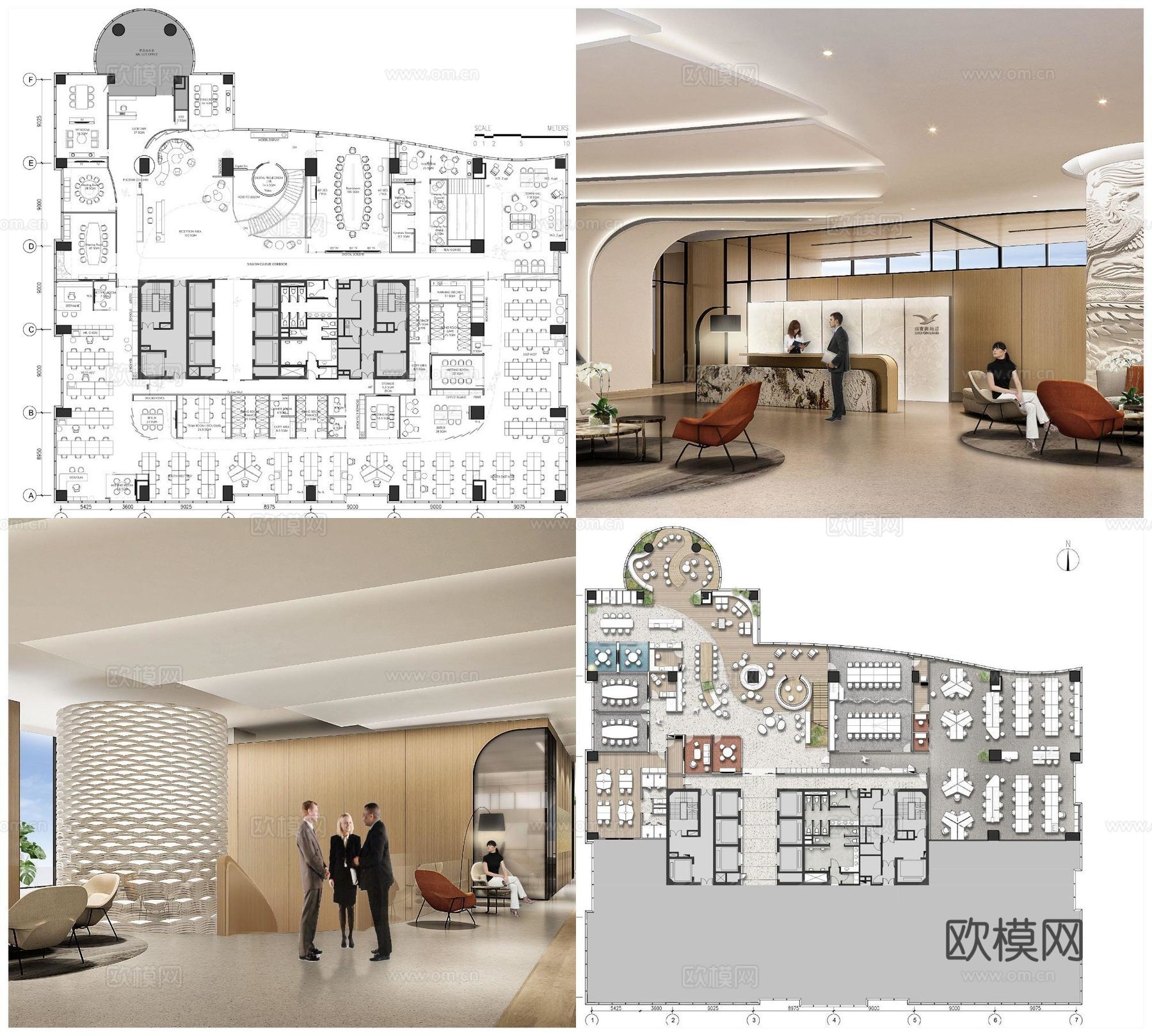 3套高端办公室 最新全套施工图 效果图设计cad施工图