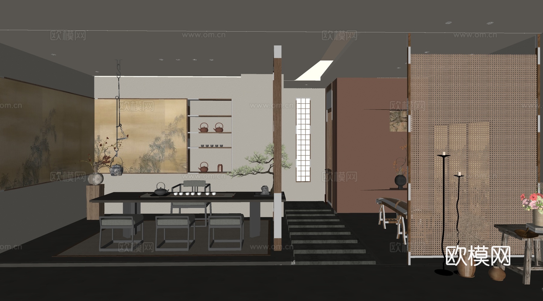 新中式禅意茶楼 现代简约茶室 茶社 茶馆 茶餐厅su模型