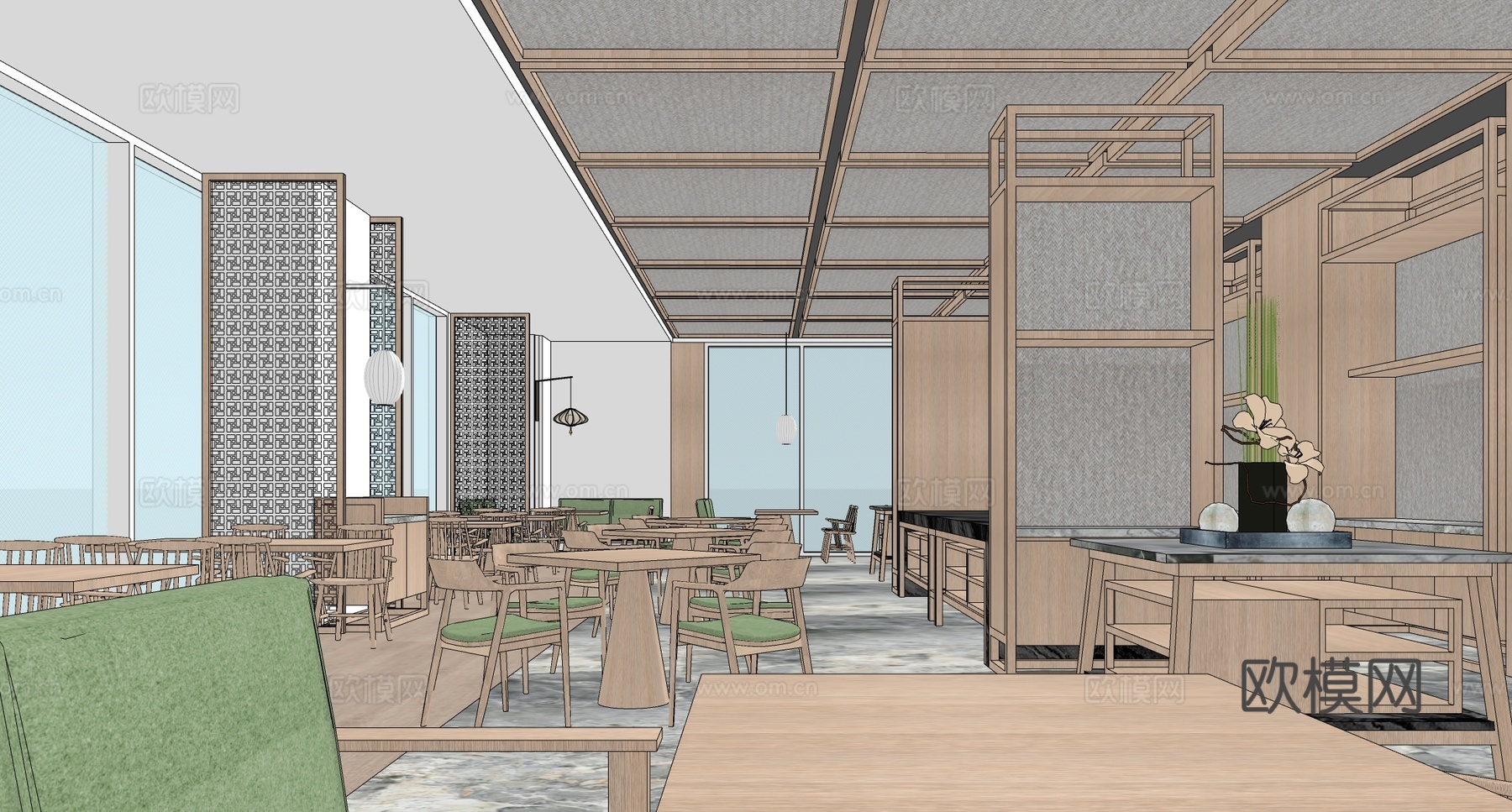 新中式自助餐厅 酒店餐厅su模型
