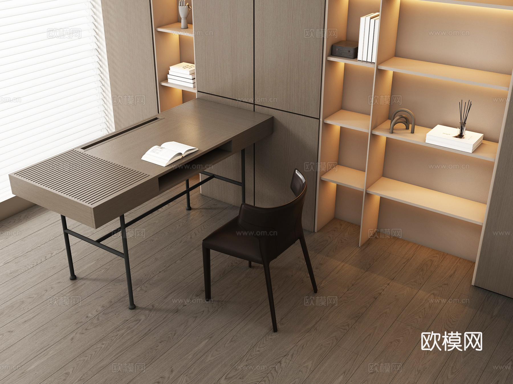 现代书房 书桌椅  办公桌椅 摆件组合 书柜su模型