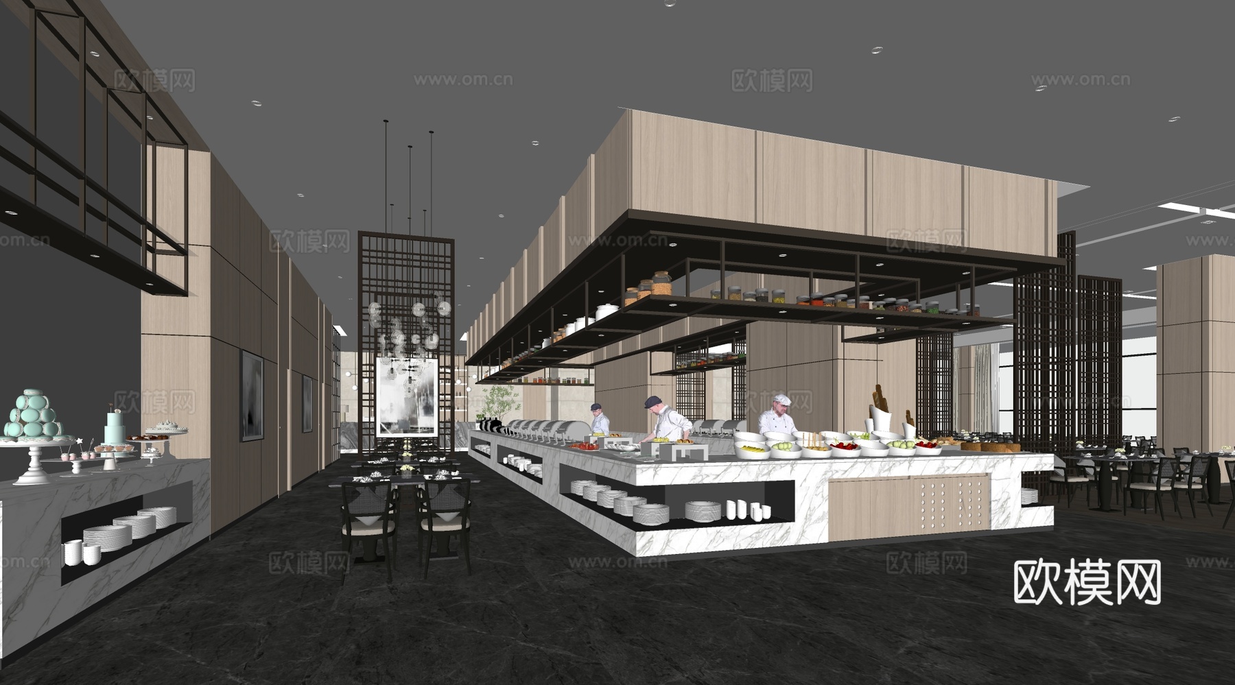 现代自助餐厅  酒店餐厅su模型