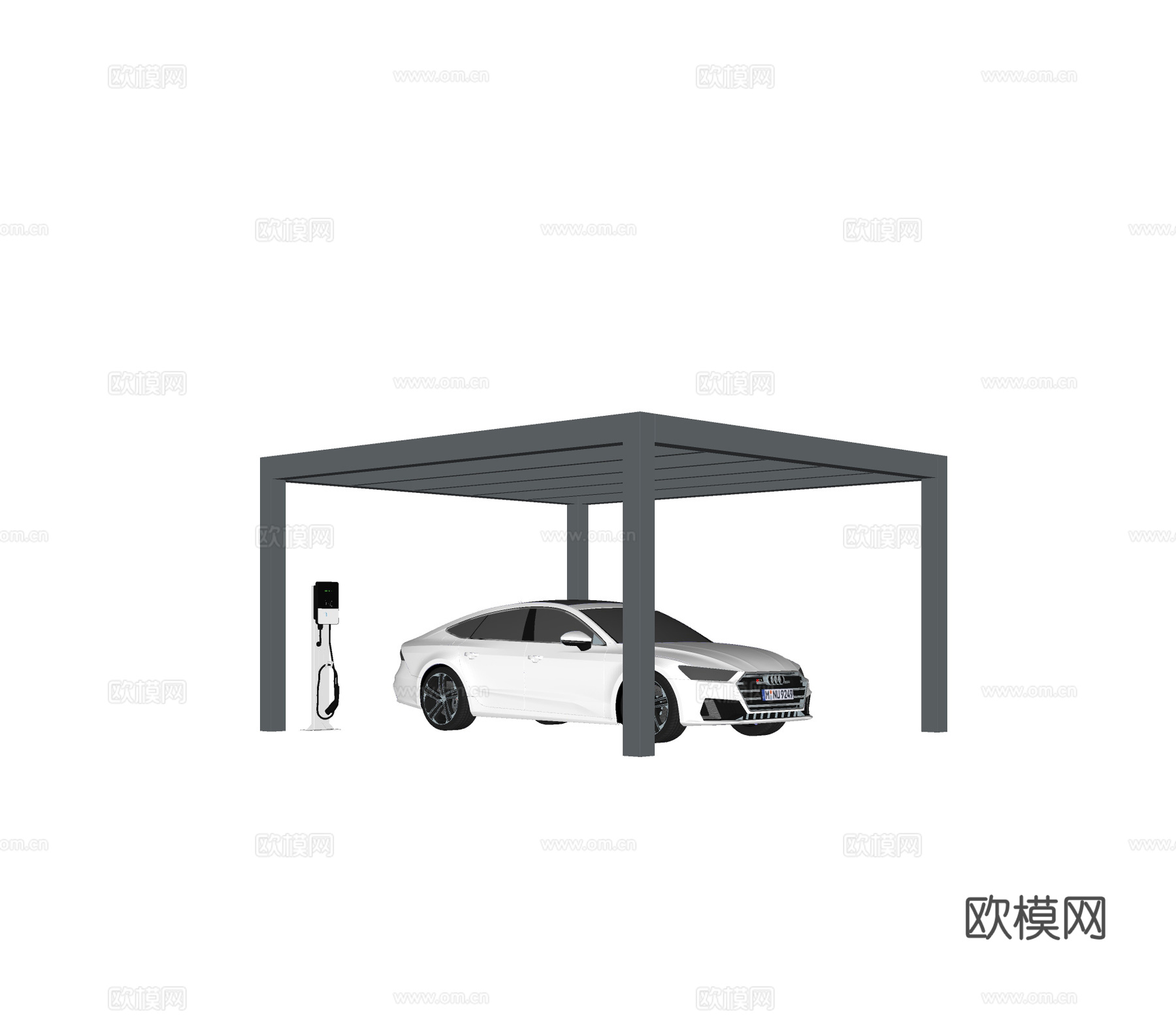 现代停车棚 停车场 充电桩 棚架 钢结构su模型