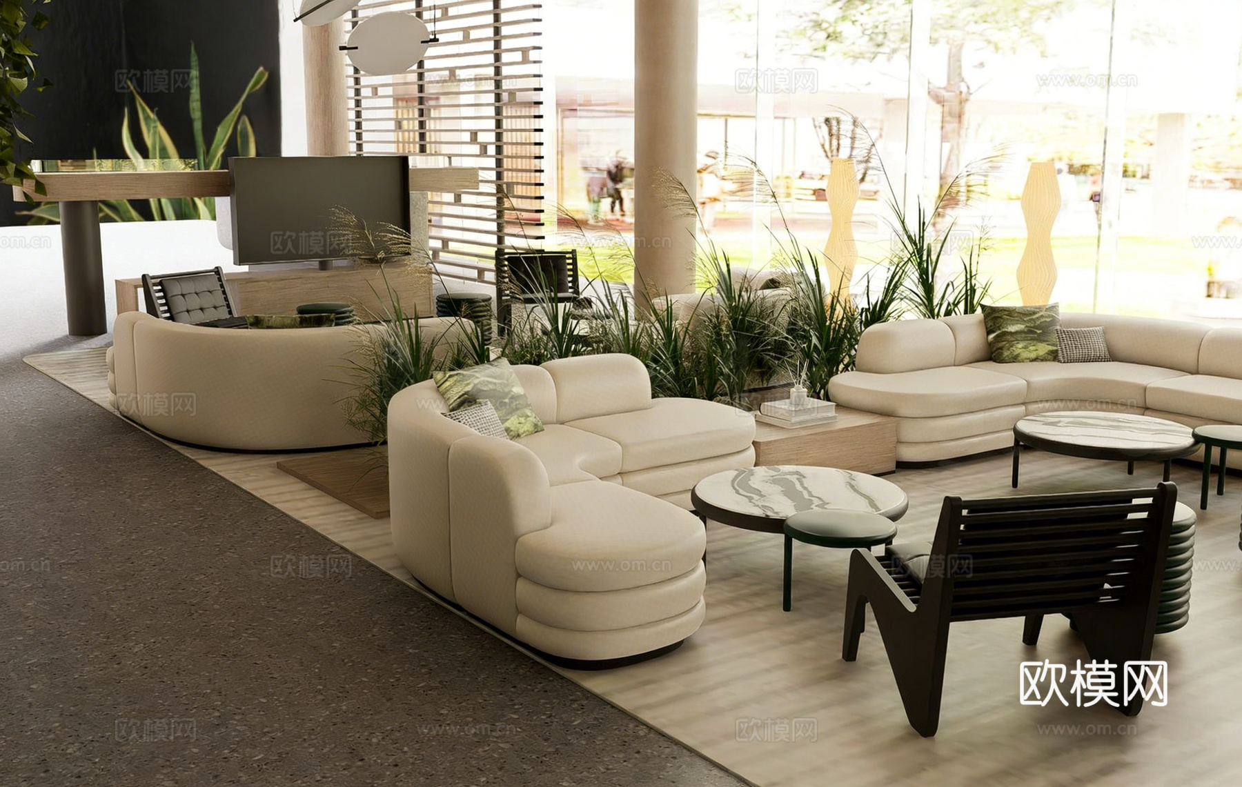 现代简约挑高酒店大堂 弧形沙发 悬浮楼梯 接待区su模型