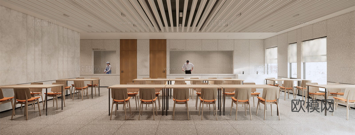 现代自助餐厅 员工食堂 自助餐厅 餐桌椅组合su模型