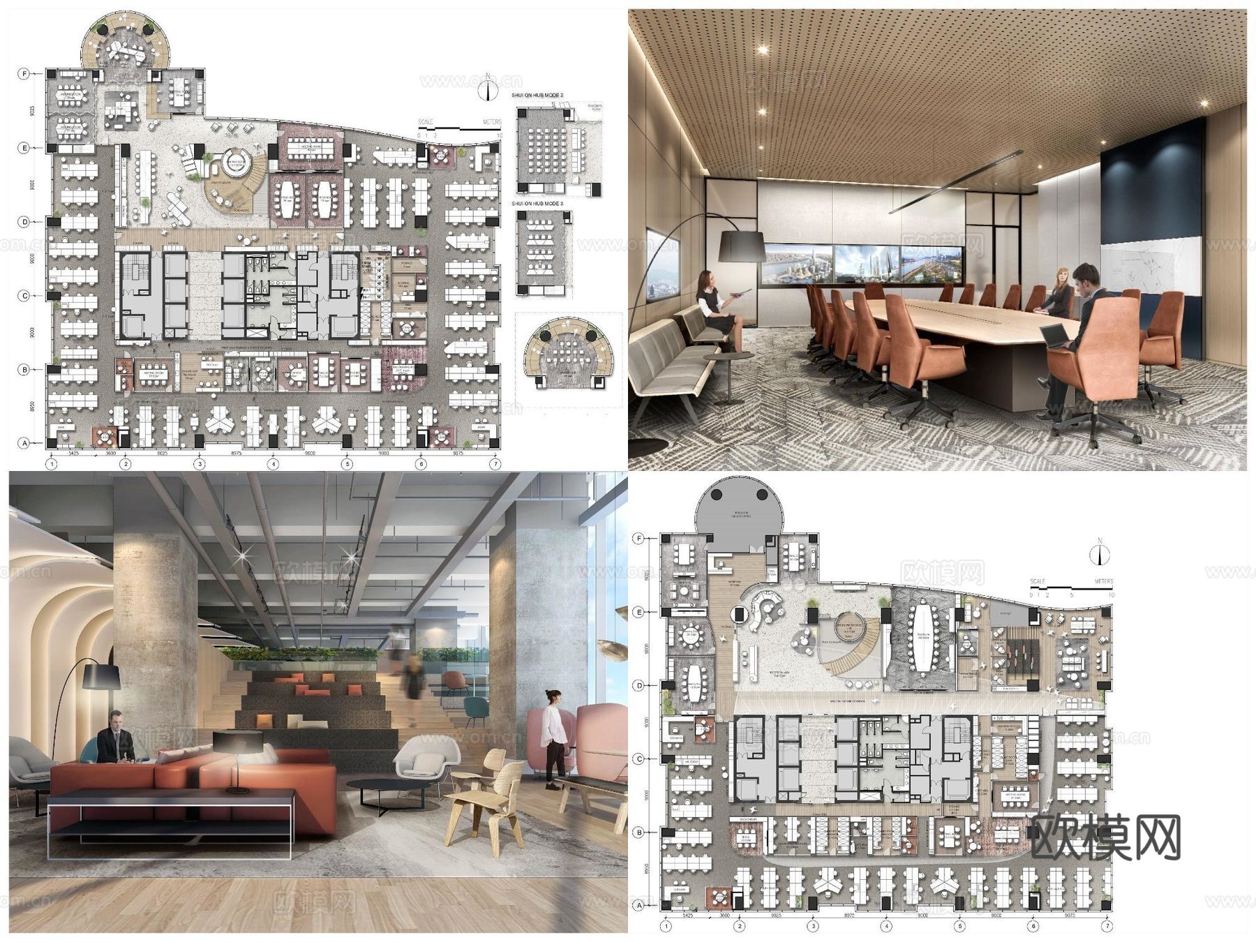 3套高端办公室 最新全套施工图 效果图设计cad施工图