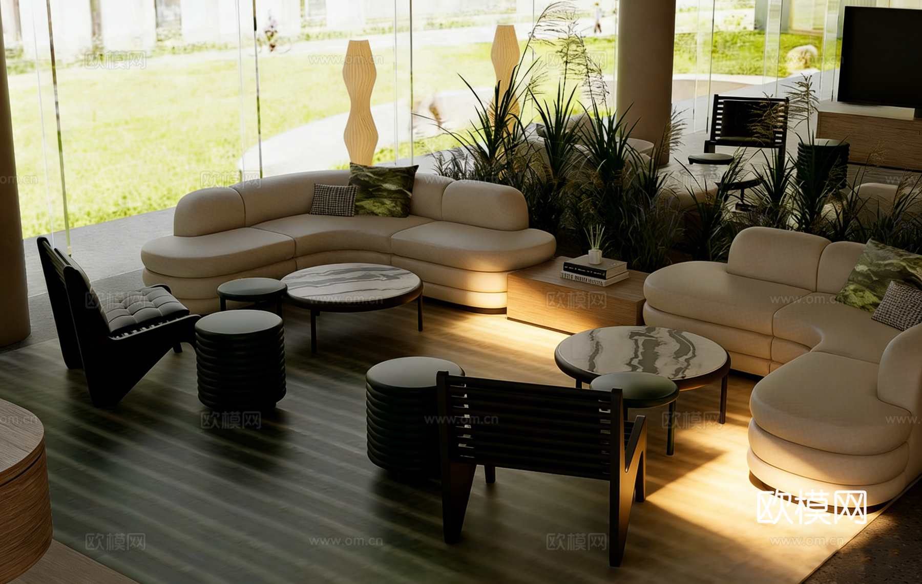 现代简约挑高酒店大堂 弧形沙发 悬浮楼梯 接待区su模型