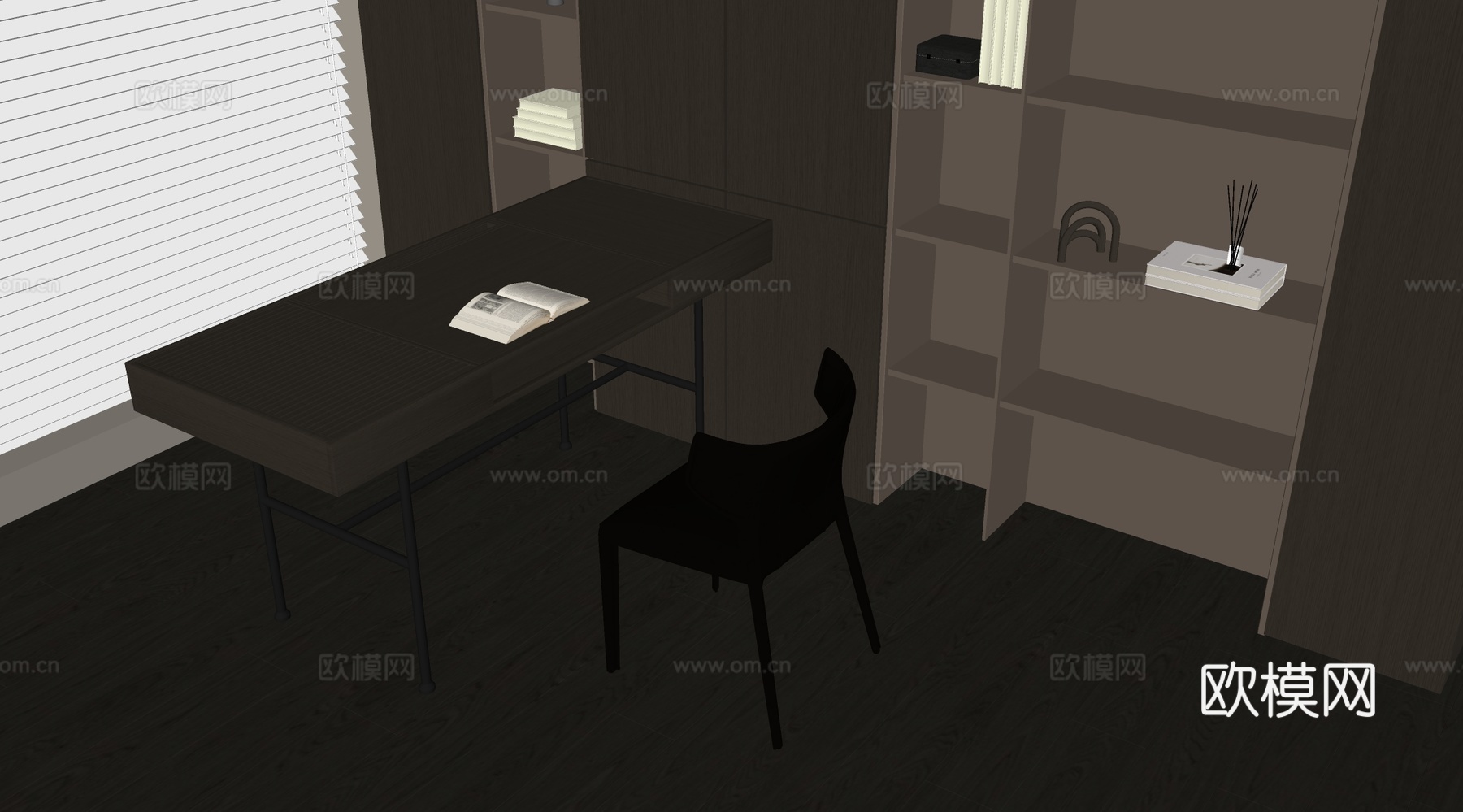 现代书房 书桌椅  办公桌椅 摆件组合 书柜su模型