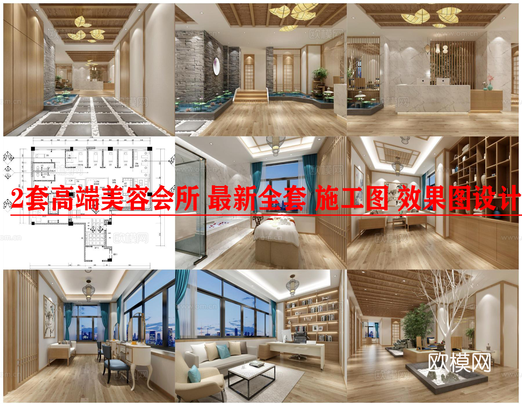 2套高端美容会所 最新全套 施工图 效果图设计cad施工图